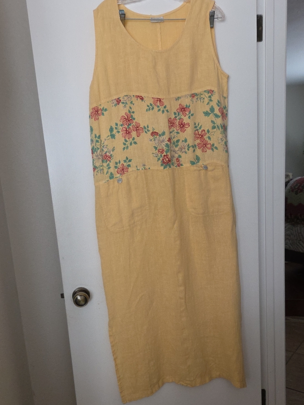Sleeveless Yellow Floral Panel Linen Dress